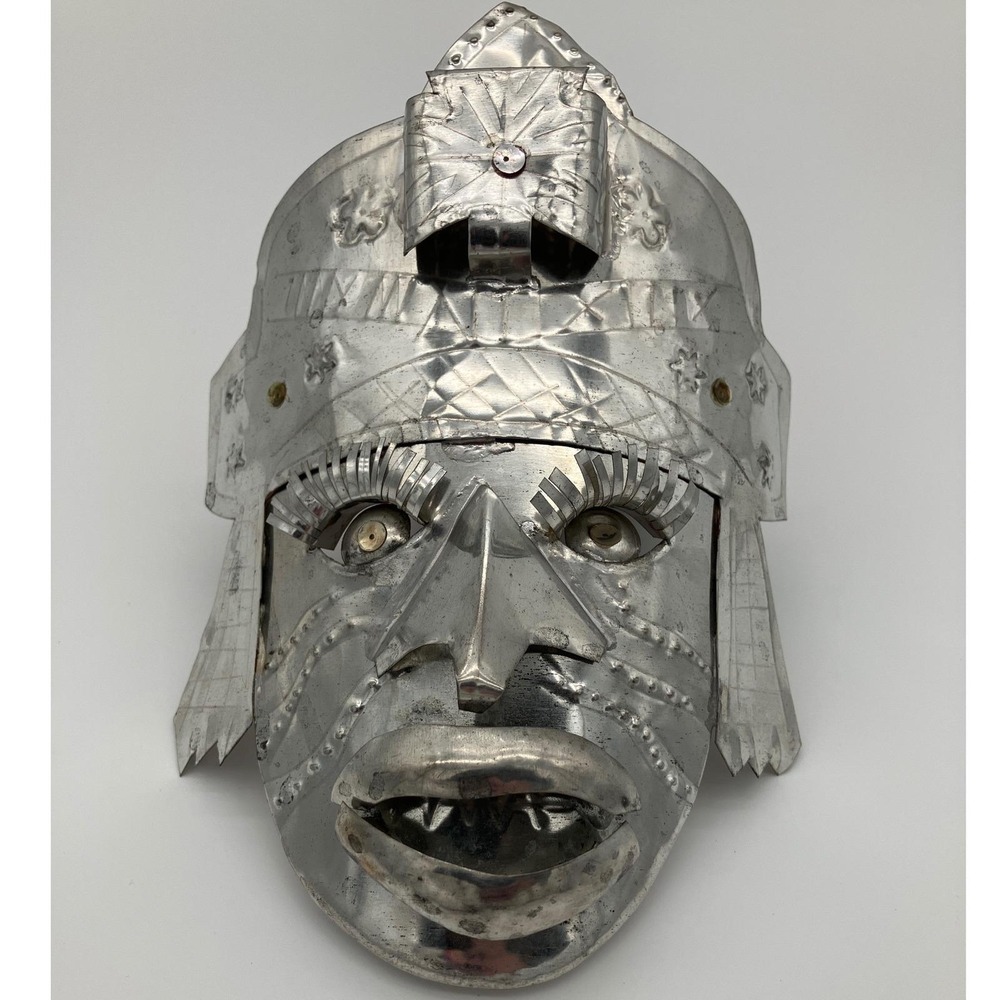 Vintage Mexican Folk Art Metal Mask Hojalata 8x6 Silver Warrior Hand Punched - Picture 2 of 12